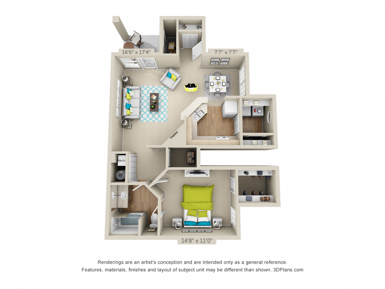 Floor plan for 1 bed, 1 bath, 1034 sqft